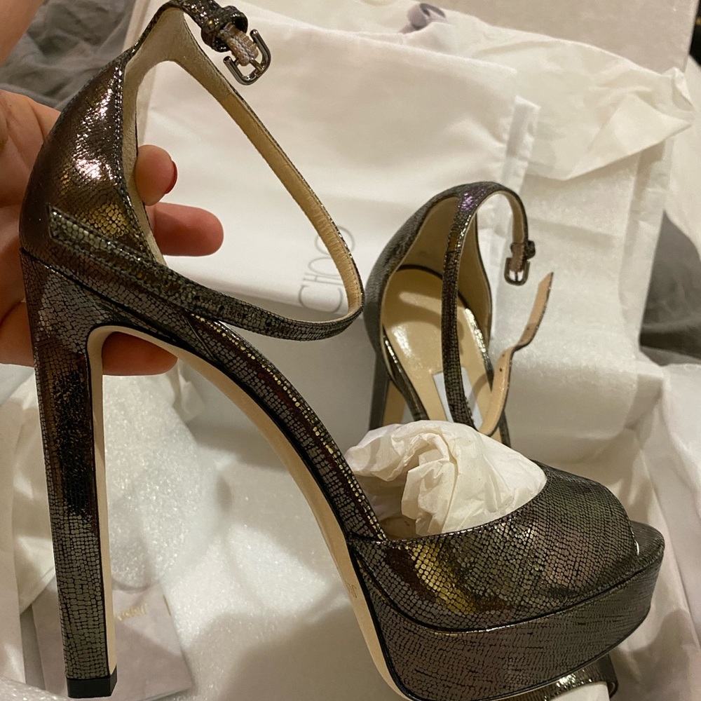 Jimmy Choo Metallic Lizard Print Platform 7.5